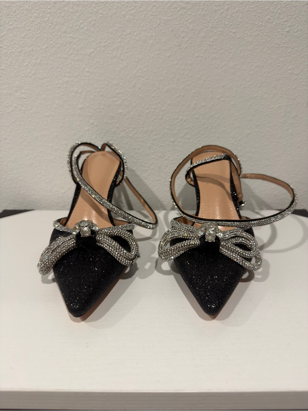 Crystal Bow Pointed Toe Ankle-Strap Pumps - Black